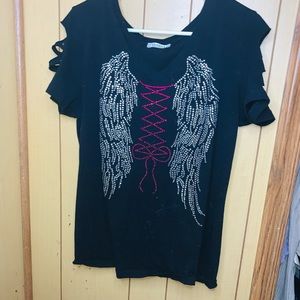 Black top with rhinestoned angel wings & ripped sleeves. Worn Once.
